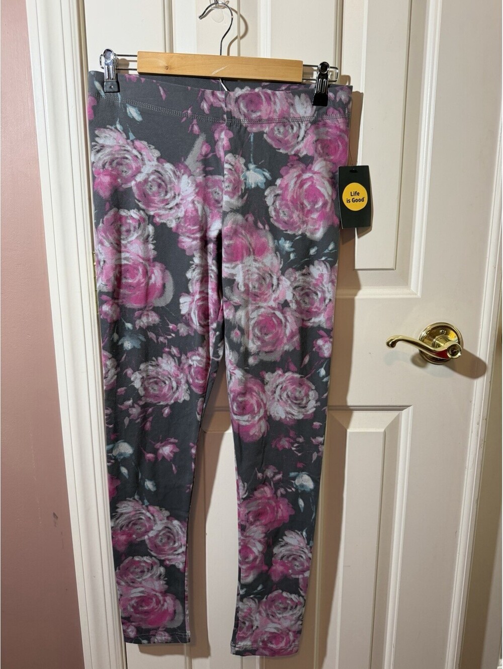 Life is Good Sleep Leggings Womens M Wallpaper Floral Gray Pink Cotton New
